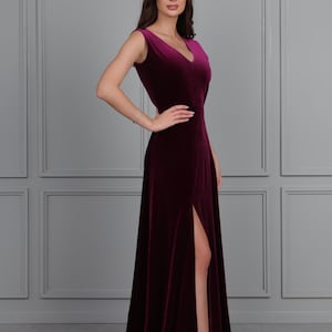 Bridesmaid Velvet Dress Dark Purple Evening Dress, Maxi Dress, Sleeveless Dress, V-neck Dress, Reception Dress, Elegant Dress, Formal Dress