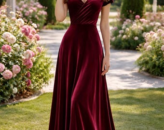 Burgundy Velvet Maxi Dress Women, Elegant Formal Dress Wrap V Neck Evening Gown Short Sleeve