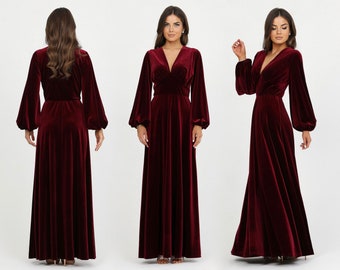 Burgundy Velvet Dress, Bridesmaid Dress, Evening Dress, Wedding Guest Dress, Velvet Long Dress, Reception Dress