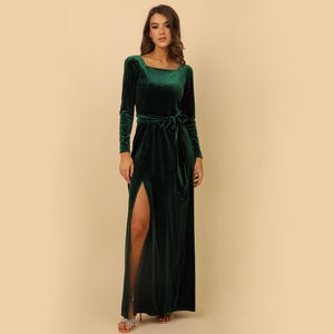 Dark Emerald Green Bridesmaid Dress, Velvet Dress, Wedding Guest Dress, Velvet Long Dress, Slit Dress, Evening Dress, Formal Dress