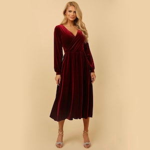 Dark Burgundy Velvet Dress, Midi Dress, Evening Dress, Wedding Guest Dress, Cocktail Dress, Party Dress, Elegant Dress, Formal Dress