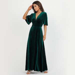 Dark Green Bridesmaid Velvet Dress, Evening Dress, Wedding Guest Dress, Velvet Long Dress, Reception Dress, Maxi Dress, Short Sleeve Dress
