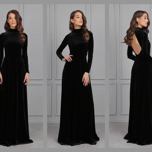 Black Bridesmaid Velvet Dress High Quality Fabric Dress Gown Mock Neck Open Round Back Long Sleeves