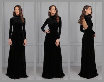 Black Bridesmaid Velvet Dress High Quality Fabric Dress Gown Mock Neck Open Round Back Long Sleeves