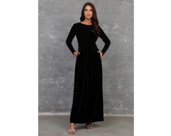 Black Velvet Long Sleeve Dress, Formal Gown with Pockets