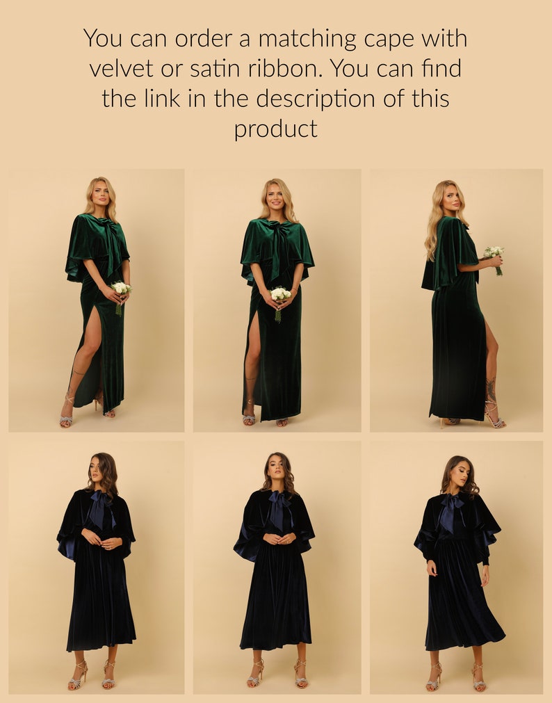 May include: Three models wear velvet capes in different colors. The first two models wear a green velvet cape with a slit up the side of the skirt. The third model wears a navy blue velvet cape with a bow at the neck. All three capes have a ruffled trim.