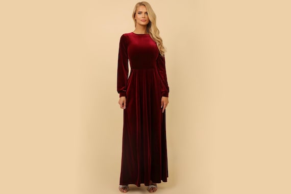 Dark Burgundy Bridesmaid Velvet Dress, Evening Dress, Maxi Dress, Long Sleeve Dress, Reception Dress, Gown Dress, Elegant Dress