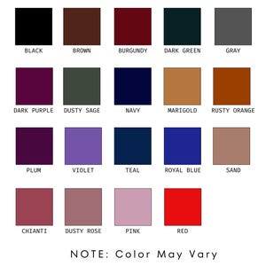 Pode incluir: Um gr&aacute;fico de cores com 18 amostras de cores quadradas com etiquetas. As cores incluem preto, castanho, bord&ocirc;, verde escuro, cinza, roxo escuro, s&aacute;lvia empoeirada, marinho, cal&ecirc;ndula, laranja enferrujado, ameixa, violeta, verde-azulado, azul royal, areia, chianti, rosa empoeirado, rosa e vermelho.