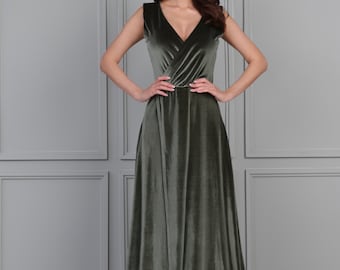 sage green velvet dress Azazie Norah Available in sizes XS3XL and multiple colorways Elegant from every angle