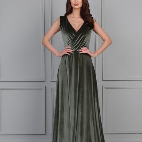 Dusty Sage Green Dress, Velvet Dress, Bridesmaid Dress, Wedding Guest Dress,  Evening Dress, Velvet Long Dress, Formal Dress, Low Back Dress - Etsy
