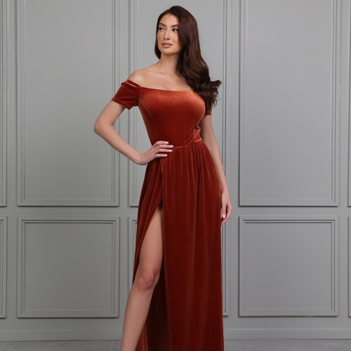 Velvet Rust Brown Midi Dress With Long Sleeves: Fall and Winter Special  Occasion, Christmas, Plus Size - Etsy