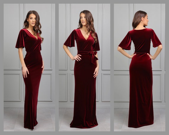 Maroon velvet cheap long dress
