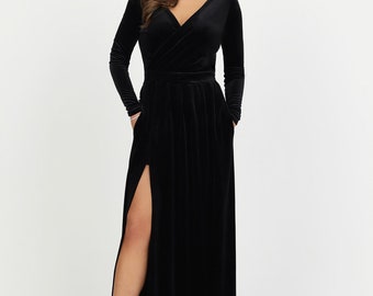 long sleeve backless velvet dress Long Sleeve Crystal Backless Maxi Velvet Dress Black