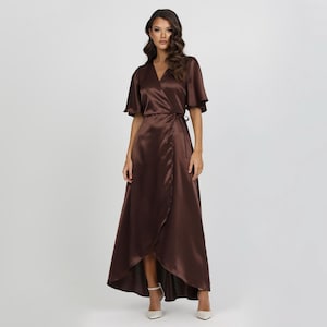Brown Wrap Satin Dress, Satin Bridesmaid Dress, Satin Formal Dress, Satin Wedding Guest Dress, Maxi Satin Dress, Long Satin Dress