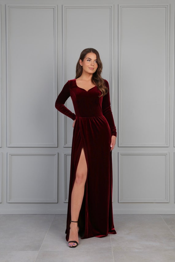 Dark Burgundy Bridesmaid Velvet Dress 