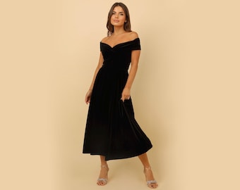 Black Velvet Fit and Flare Dress, Knee Length Sleeveless Evening Gown,  Minimalist Bridesmaid Wedding Dress, Cocktail Dress, Prom Dress - Etsy