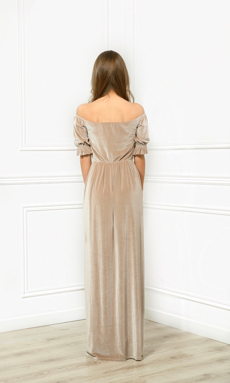 Beige Off Shoulder Maxi Velvet Dress/ Bridesmaid Party Dress | Etsy