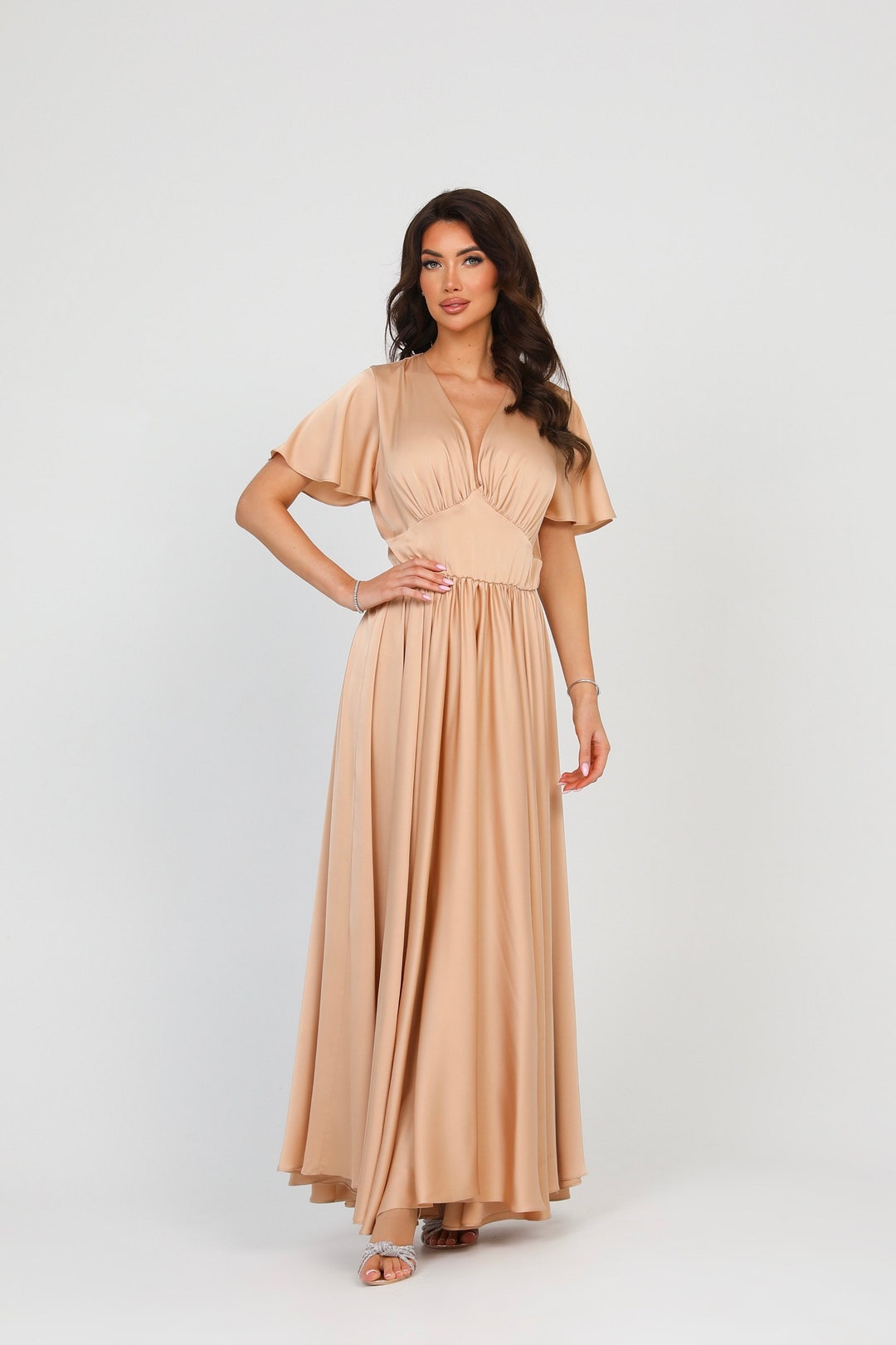 Abito beige sabbia, abito da damigella d'onore in seta, gonna a