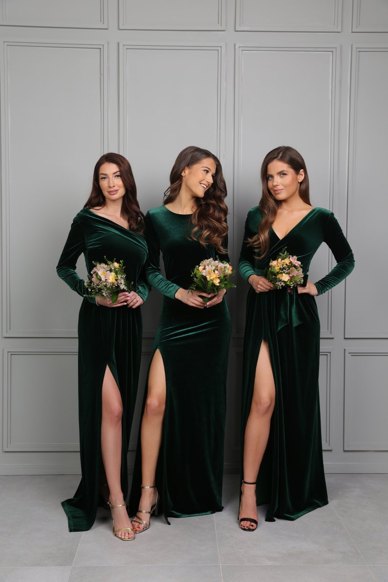 Dark Green Velvet Maxi Bridesmaid Dress Wrap V Neck Deep V image 3