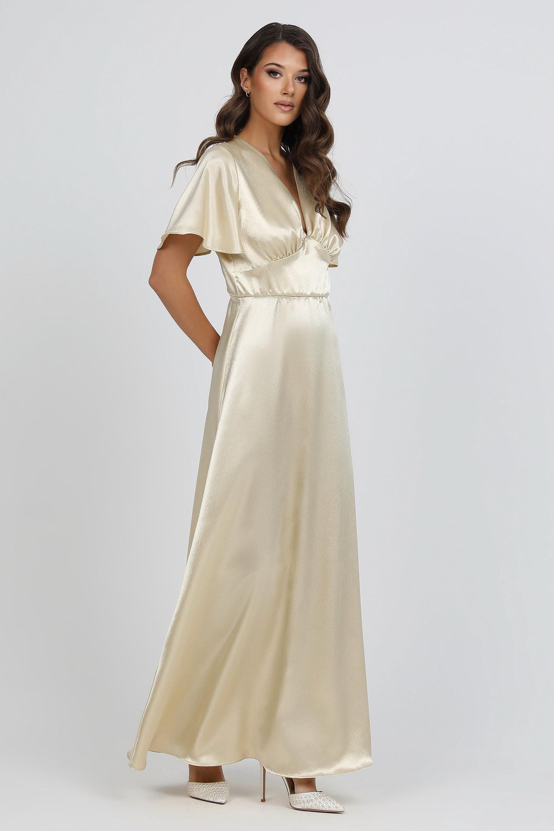 Champagne Satin Bridesmaid Dress, Long Crepe Back, Wedding Guest