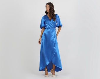Blue Bridesmaid Dress, Satin Dress, Wrap Dress, Wedding Guest Dress, Satin Evening Dress, Long Satin Dress, Crepe Back Satin Dress