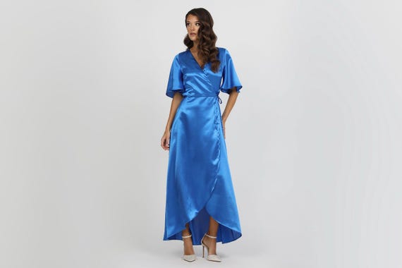 crepe back satin bridesmaid dress Burgundy Wrap Satin Dress With Flutter Sleeves  Dsir Couture