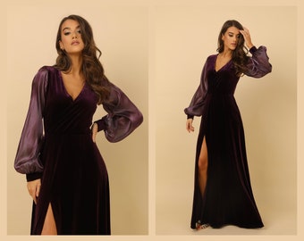 Plum Bridesmaid Velvet Dress High Quality Fabric Dress Luxury Gown Wrap V Neckline Dress Organza Bishop Sleeves