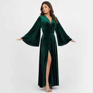 Dark Emerald Green Velvet Dress, Bridesmaid Dress, Evening Dress, Flare Sleeve Dress, Wedding Guest Dress, Velvet Long Dress