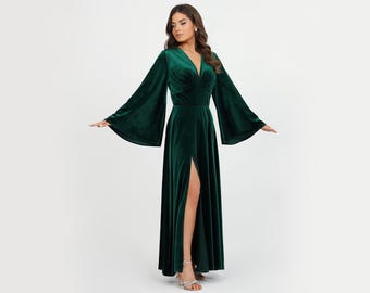 Emerald Velvet Bridesmaid Dress, V-neck Short Sleeve Maxi Gown Wedding  Guest - Etsy UK