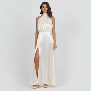 Ivory White Satin Dress, Ivory White Cocktail Dress, Ivory White Summer Dress, Long Ivory White Dress, Backless Satin Dress, Halter Dress