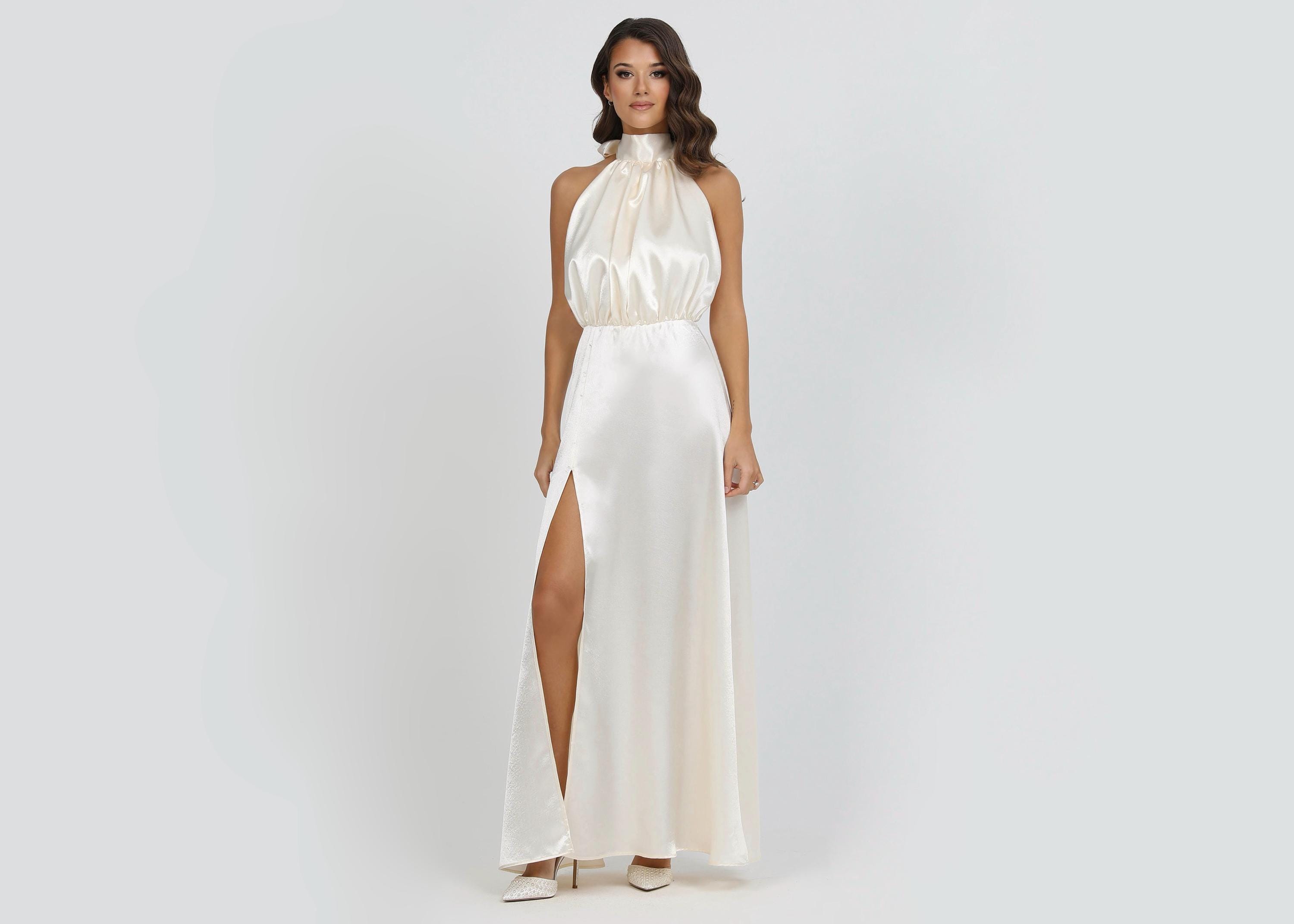 Ivory White Crepe Back Satin Halter Dress, Backless Formal Gown