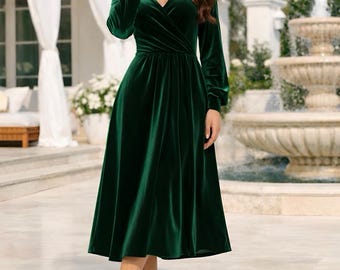 Dark Green Velvet Dress | Elegant Long Sleeve Semi Formal Midi Dress for Women | Winter Formal Outfit