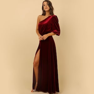 Dark Burgundy Velvet Long Dress, Bridesmaid Dress, One Shoulder Dress, Slit Dress, Wedding Guest Dress, Evening Dress, Formal Dress
