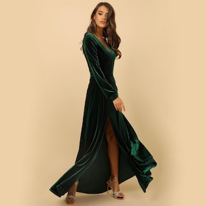Dark Emerald Green Bridesmaid Dress, Velvet Dress, Evening Dress, Slit Dress, Wedding Guest Dress, Velvet Long Dress, Reception Dress