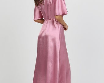 Satin Dress, Wrap Dress, Dusty Rose Dress, Bridesmaid Dress, Wedding Guest Dress, Maxi Dress, Long Satin Dress, Crepe Back Satin Dress