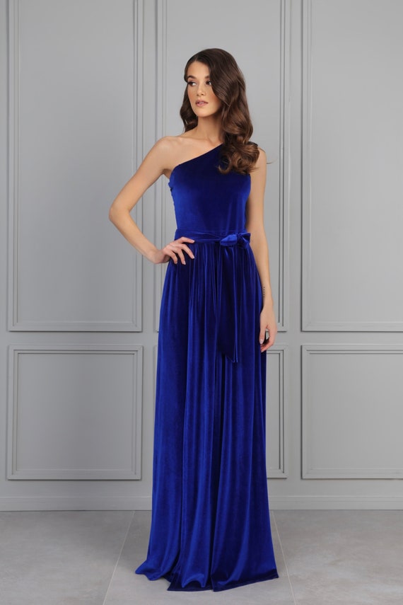 strapless open back dress Royal Blue One Shoulder Sheath High Low Ankle Length Bridesmaid Dresses,  CB0024
