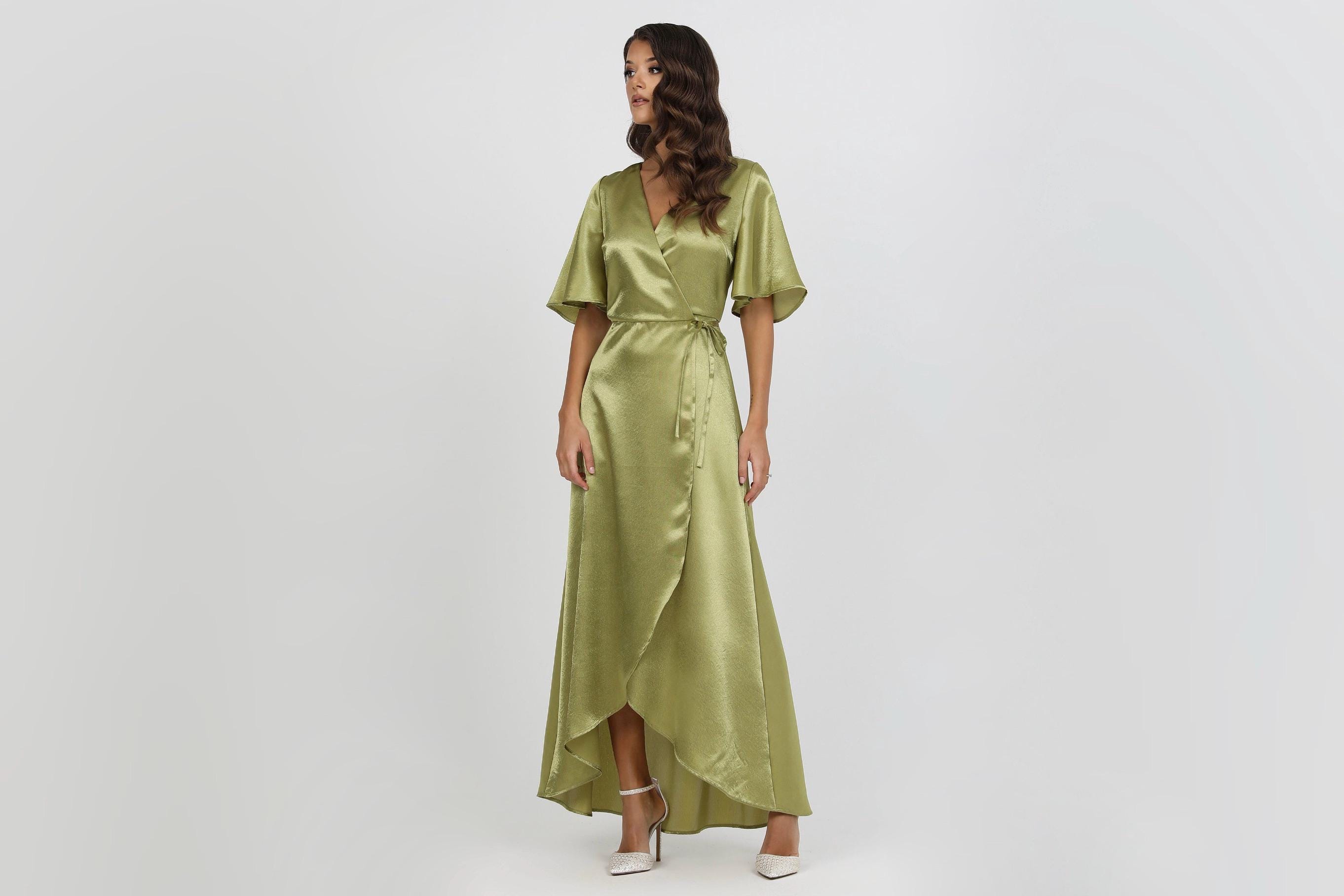 Satin Wrap Dress, Olive Green Dress, Satin Wedding Guest Dress, Maxi Satin Dress, Satin Bridesmaid Dress