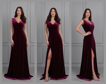Bridesmaid Velvet Dress Dark Purple Evening Dress, Maxi Dress, Sleeveless Dress, V-neck Dress, Reception Dress, Elegant Dress, Formal Dress