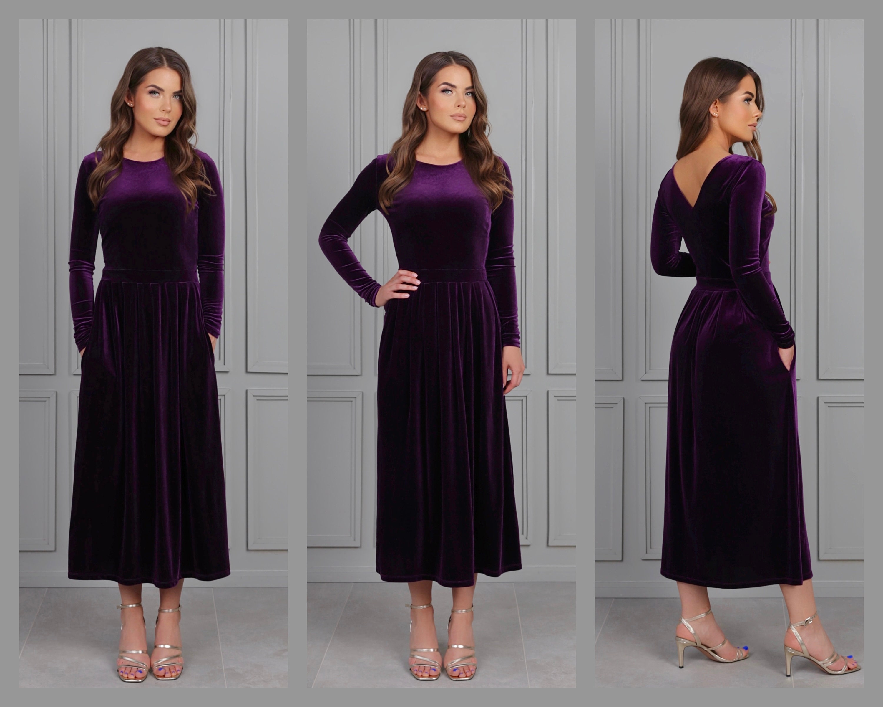 Purple High Neck Dress Midi, Women's Occasion Dresses, Classy