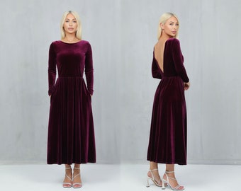Velvet Dress, Dark Purple Midi Dress, Long Sleeve Dress, Cocktail Dress, Party Dress, Winter Dress, Women Dress Elegant Dress, Evening Dress