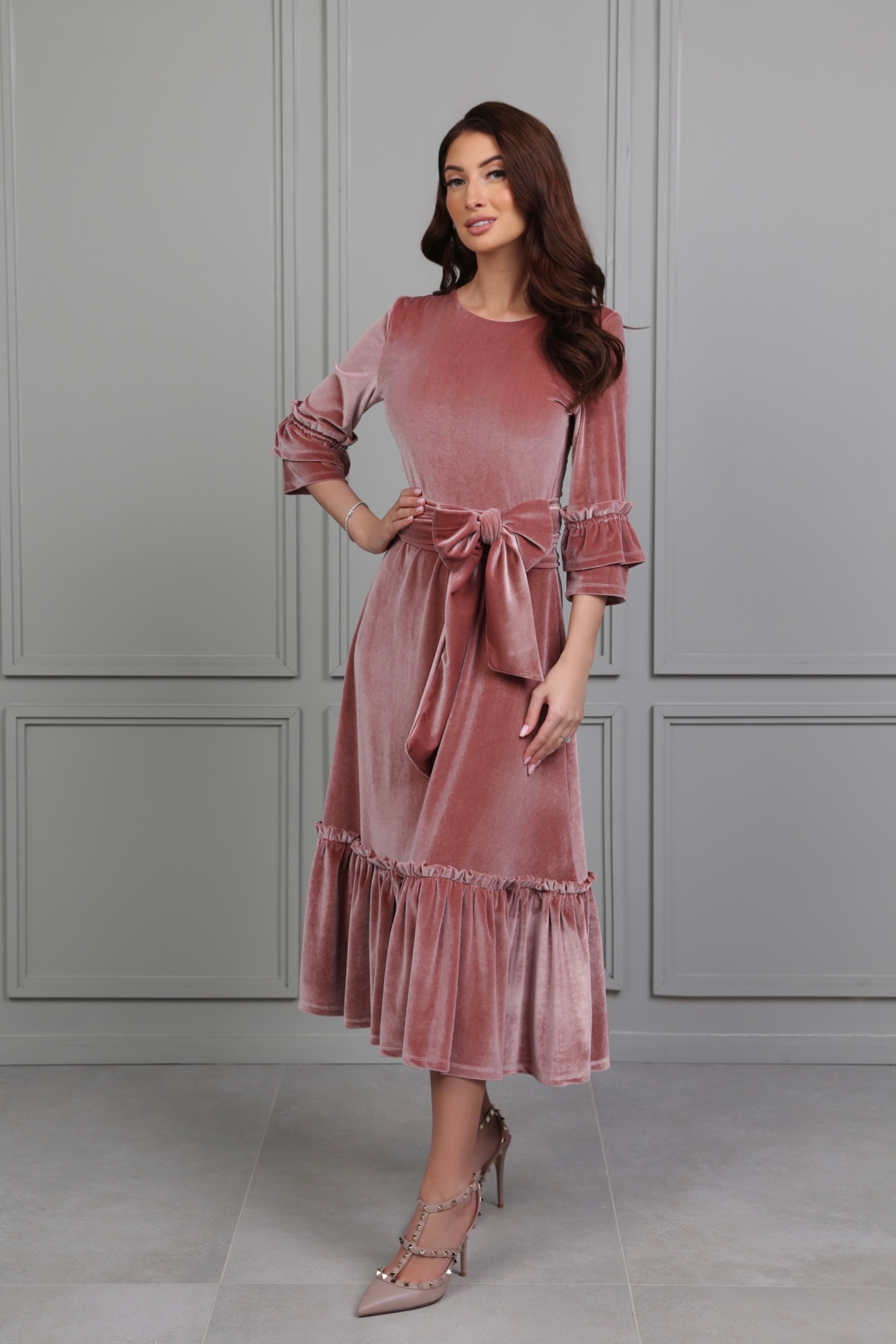 dusky pink velvet dress Short Flutter Sleeves Slit Dusty Pink Velvet Dress