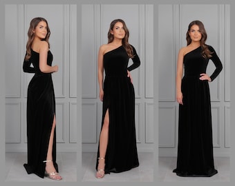 Black Dress, Bridesmaid Velvet Dress, Evening Dress, Wedding Guest Dress, Slit Dress, One Shoulder Dress, Formal Dress