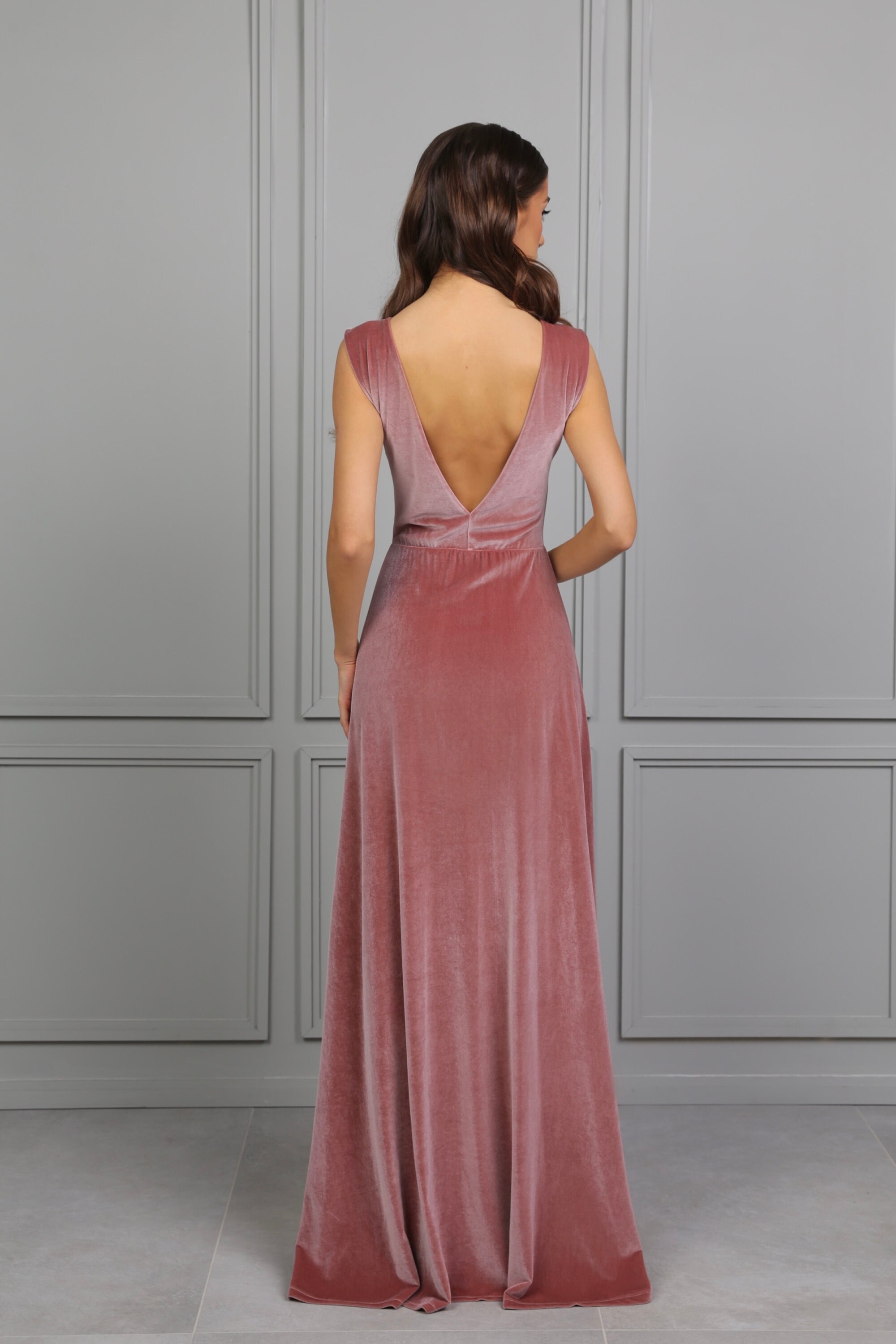 Bridesmaid Dress, Dusty Rose Velvet Dress, Low Back Dress, Sleeveless Dress, Wedding Guest Dress, Evening Dress, Velvet Long Dress