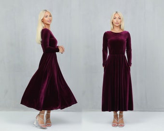 Dark Purple Velvet Dress, Long Sleeve Dress, Midi Dress, Dress With Pockets, Cocktail Dress, Evening Dress, Wedding Guest Dress