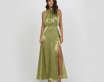 Halter Dress, Satin Dress, Olive Green Bridesmaid Dress, Wedding Guest Dress, Backless Dress, Long Satin Dress, Crepe Back Satin Dress