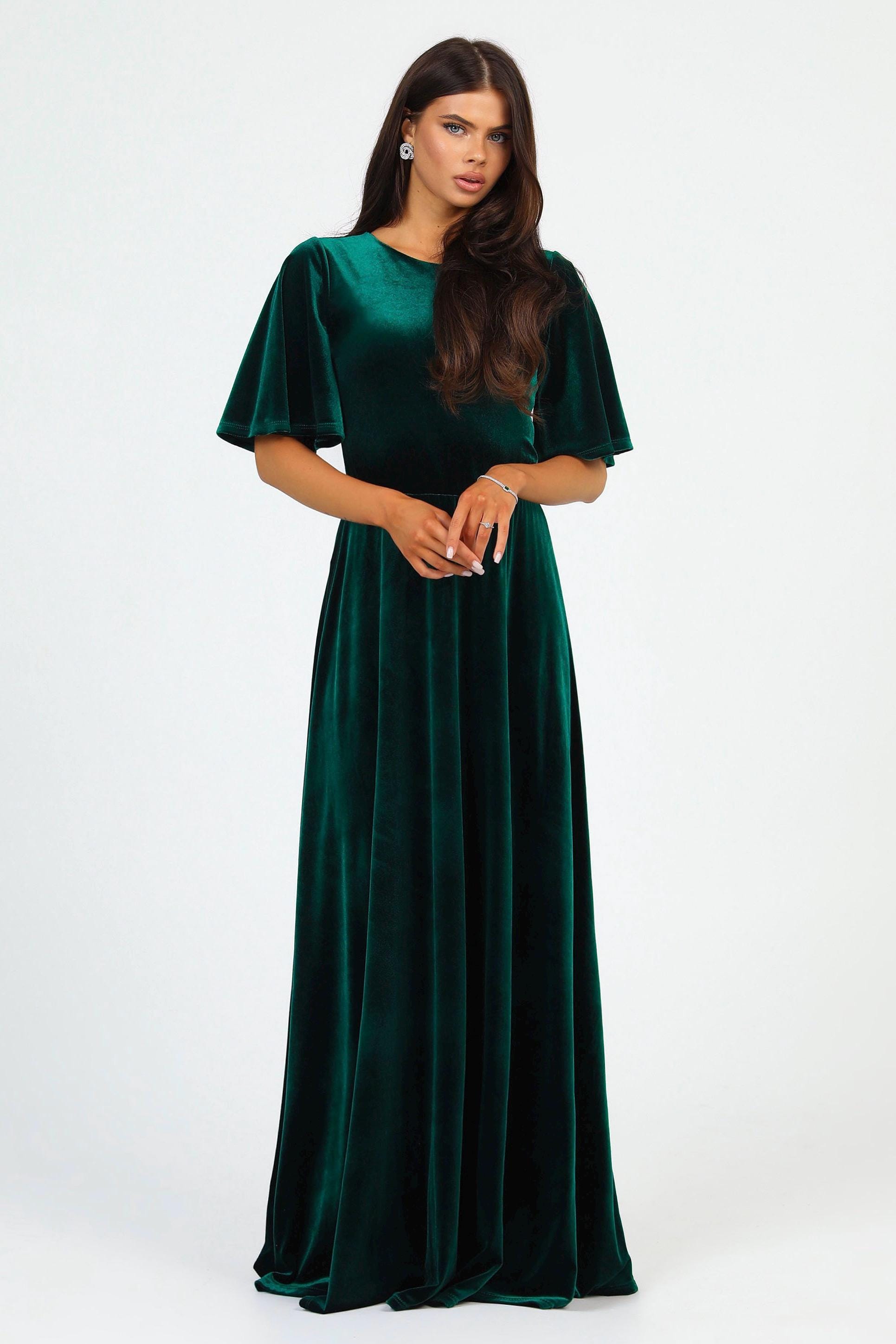 Emerald Green Velvet Long Bridesmaid Dress, Round Neck Dress, Long Sleeve  Velvet Maxi Dress, Velvet Wedding Guest Dress - Etsy UK