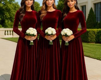 Samt Langes Brautjungfer Kleid Dunkel Burgund, Rundhals Kleid, Langarm Samt Maxi Kleid, Samt Hochzeit Gast Kleid