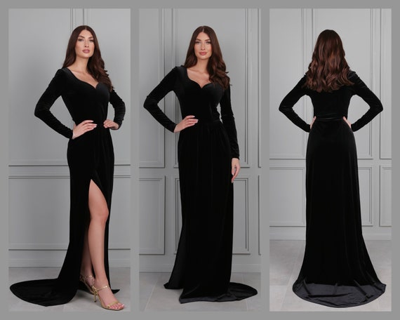 Black Velvet Dress Wedding Guest Dress Bridesmaid Dress Slit Dress Gorgeous Dress Black Tie Dress Formal Dress Wedding Dress Etsy UK