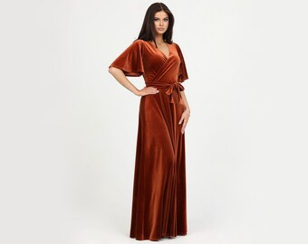 Vestido de dama de honor de color naranja oxidado, vestido de terciopelo, vestido largo de terciopelo, vestido de invitada de boda, vestido formal, vestido de noche, vestido de novia