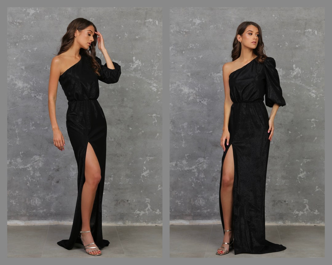 Black Sparkle Dress, Party Dress, Prom Dress, One Shoulder Dress, Slit ...